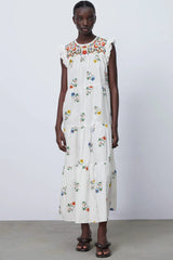Floral Embroidered Ruffle Tiered Summer Midi Sundress - White