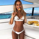 Floral Embroidered Mesh Triangle Brazilian Bikini Set - White