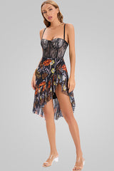 Floral Lace Corset Sleeveless Ruffle High Low Cocktail Dress - Black