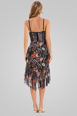 Floral Lace Corset Sleeveless Ruffle High Low Cocktail Dress - Black