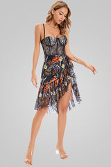 Floral Lace Corset Sleeveless Ruffle High Low Cocktail Dress - Black