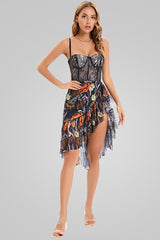 Floral Lace Corset Sleeveless Ruffle High Low Cocktail Dress - Black