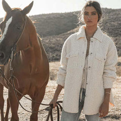 Fluffy Collared Button Down Long Sleeve Shacket - Beige
