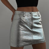 Futuristic Effect Single Button High Waist Bodycon Mini Skirt - Silver