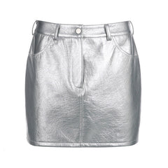 Futuristic Effect Single Button High Waist Bodycon Mini Skirt - Silver