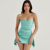 Glamorous Satin Ruched Strapless Corset Party Mini Dress - Aquamarine
