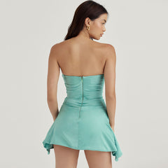 Glamorous Satin Ruched Strapless Corset Party Mini Dress - Aquamarine