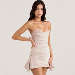 Glamorous Satin Ruched Strapless Corset Party Mini Dress - Champagne