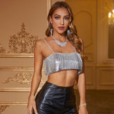 Fringe Detail Square Neck Open Back Chainmail Crop Tank Top - Silver
