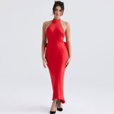 Bowknot Fishtail Sleeveless Backless Evening Maxi Dress - Red