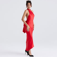 Bowknot Fishtail Sleeveless Backless Evening Maxi Dress - Red
