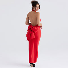 Bowknot Fishtail Sleeveless Backless Evening Maxi Dress - Red