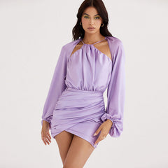Ruched Bishop Sleeve Halter Backless Mini Dress - Purple