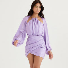Ruched Bishop Sleeve Halter Backless Mini Dress - Purple