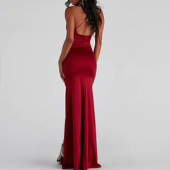 Ruched Deep V High Slit Backless Maxi Dress - Red