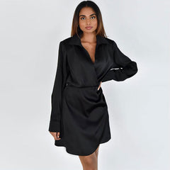 Ruched Spread Collar V Neck Long Sleeve Shirt Mini Dress - Black