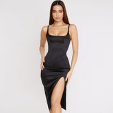 Scoop Neck High Slit Slip Cocktail Midi Dress - Black