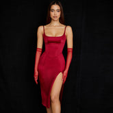 Scoop Neck High Slit Slip Cocktail Midi Dress - Red