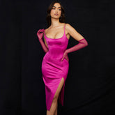 Scoop Neck High Slit Slip Cocktail Midi Dress - Rose