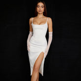Scoop Neck High Slit Slip Cocktail Midi Dress - White
