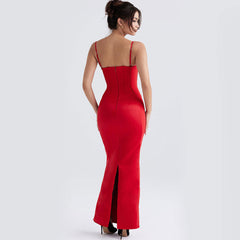 Solid Color Sleeveless Corset Evening Maxi Dress - Red