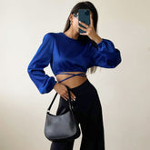 Tie String Long Sleeve Crew Neck Wrapped Crop Top - Royal Blue