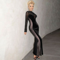 Velvet Mock Neck Long Sleeve Sheer Maxi Dress - Black