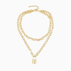 Lock Pendant Chain-Link Layered Necklace - Gold