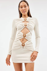 Long Sleeve Ruched Front Cutout Rib Bandage Club Mini Dress - White