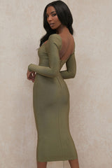 Long Sleeve Sweetheart Neck Bandage Midi Dress - Green