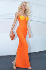Metallic Bicolor Bustier Bandage Sleeveless Maxi Dress - Burnt Orange