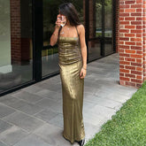 Ruched Halter Neck Sleeveless Bodycon Maxi Dress - Olive Green