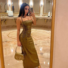Ruched Halter Neck Sleeveless Bodycon Maxi Dress - Olive Green