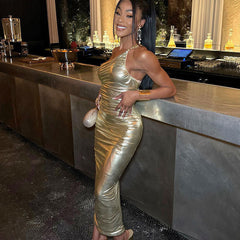 Ruched Spaghetti Strap One Shoulder Bodycon Party Maxi Dress - Gold