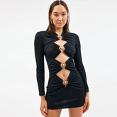 Ruched Trim Cut Out Long Sleeve Bandage Party Mini Dress - Black