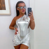 Ruched Twist Trim One Shoulder Bodycon Party Mini Dress - Silver