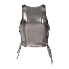 Solid Color Crew Neck Lace Up Sleeveless Crop Top - Silver