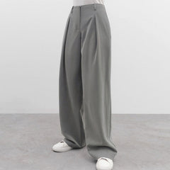 High Waist Pleat Trim Side Pocket Wide Leg Pants - Gray