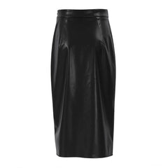 High Waist Split Trim Vegan Leather Midi Skirt - Black
