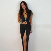 Twist Trim Deep V Sleeveless Split Open Back Maxi Dress - Black