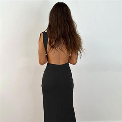 Twist Trim Deep V Sleeveless Split Open Back Maxi Dress - Black