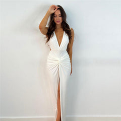 Twist Trim Deep V Sleeveless Split Open Back Maxi Dress - White