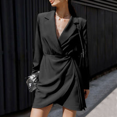 Ruched Shoulder Pad Lapel Collar V Neck Blazer Mini Dress - Black