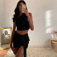 One Shoulder Cropped Tank Top - Black