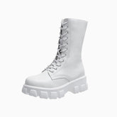 Lace Up Zip Side Lug Sole Chunky Heel Mid Calf Boots - White