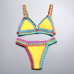 Reversible Neoprene Crochet Banded Triangle Bikini Set - Yellow