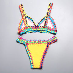 Reversible Neoprene Crochet Banded Triangle Bikini Set - Yellow