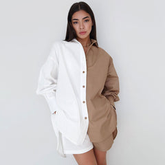 Color Block Button Down Pocketed Shorts Matching Set - Khaki