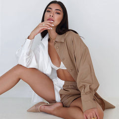 Color Block Button Down Pocketed Shorts Matching Set - Khaki