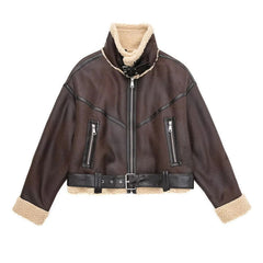 Fleeced Buckle Trim Cropped Coat - Brown